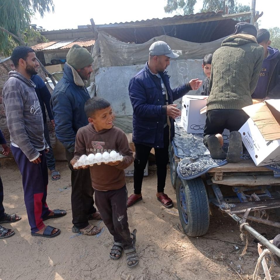 Community members receiving equitable aid distribution in Gaza. A boy holds a carton of eggs.
